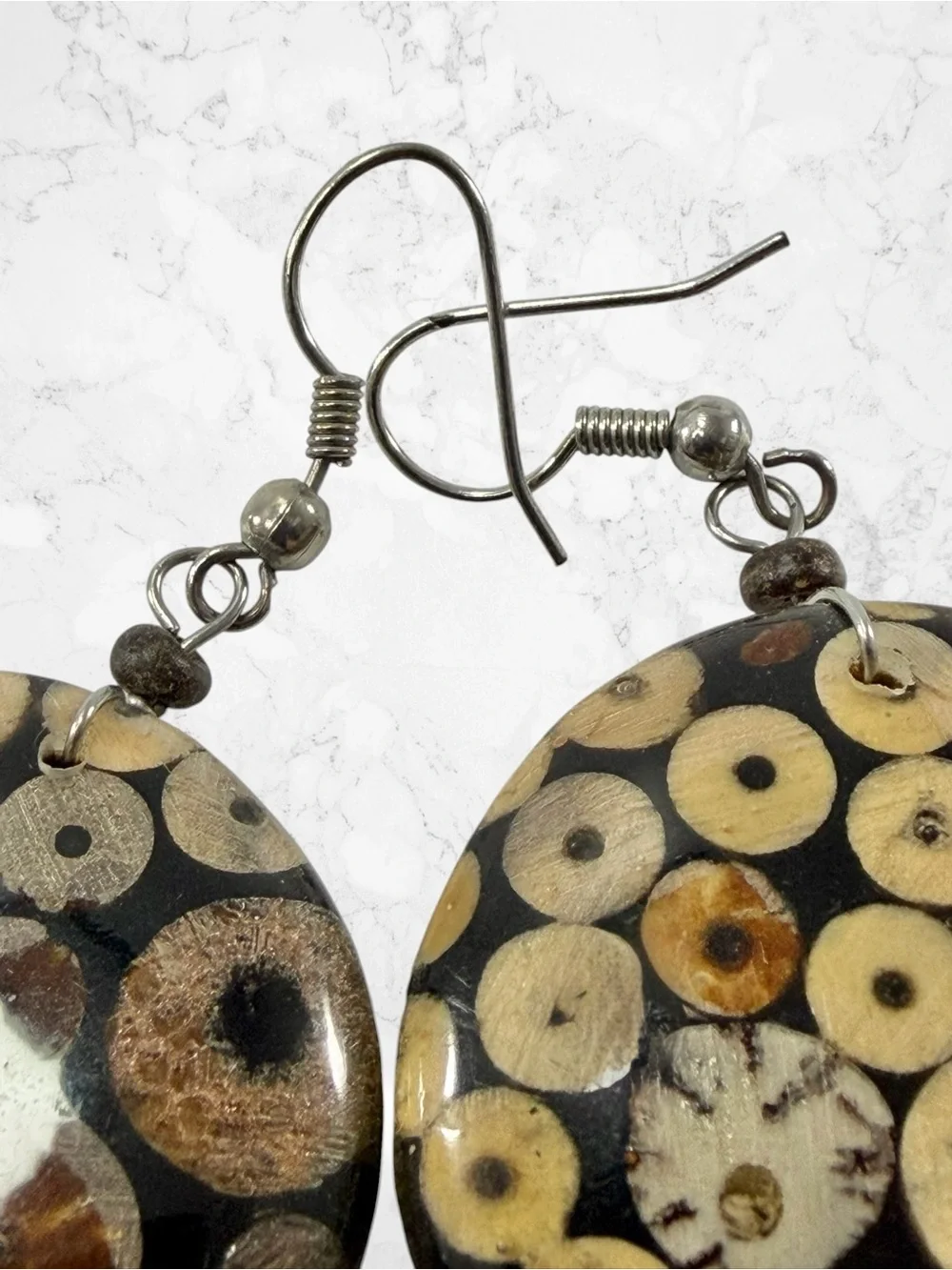 Round Mosaic Coconut Shell Brown Beige Disc Hook Earrings Boho Tribal Native